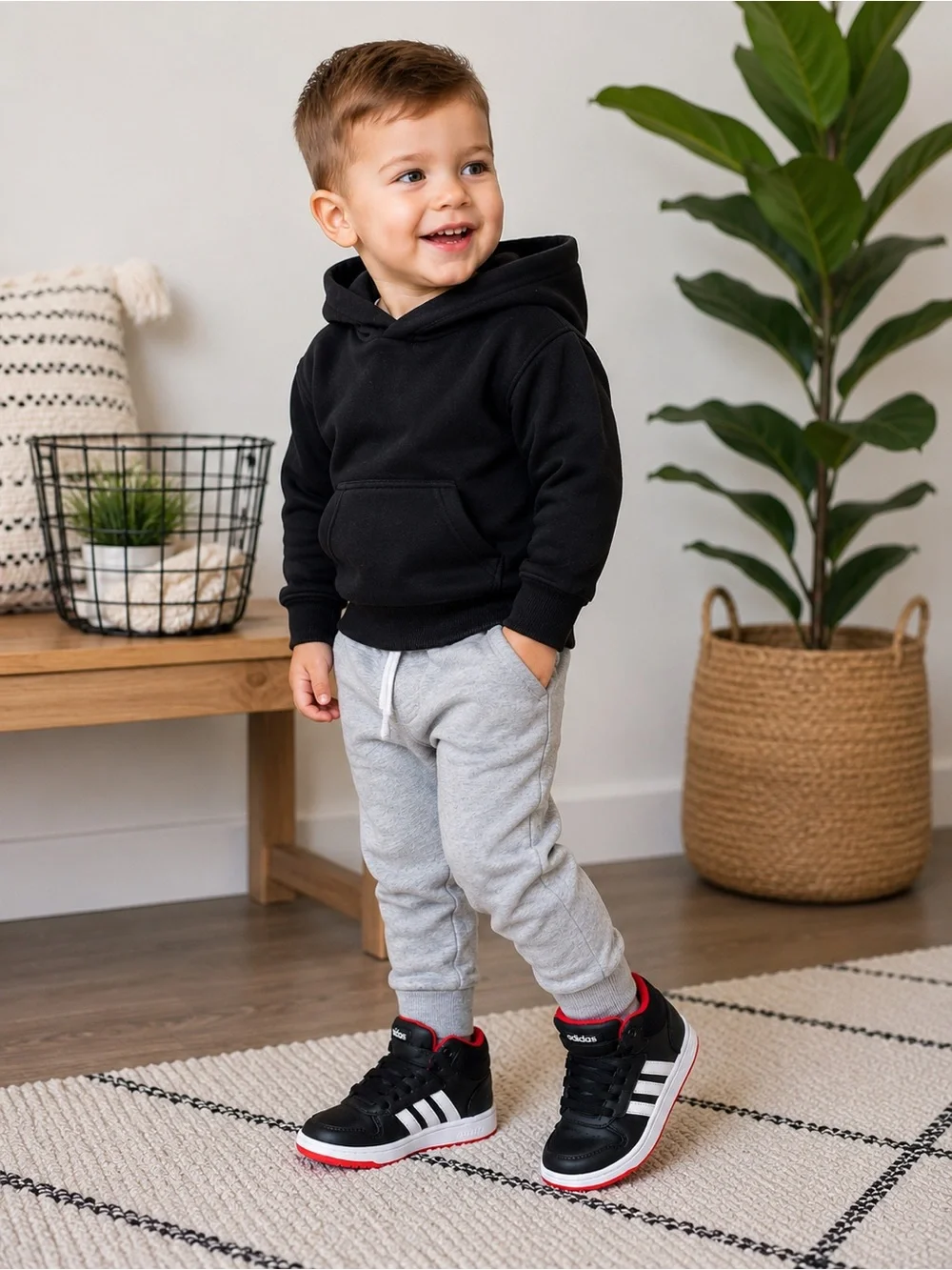 Adidas Hoops Mid 2.0 Toddler Shoes Size 3K Black White Red Velcro Sneakers
